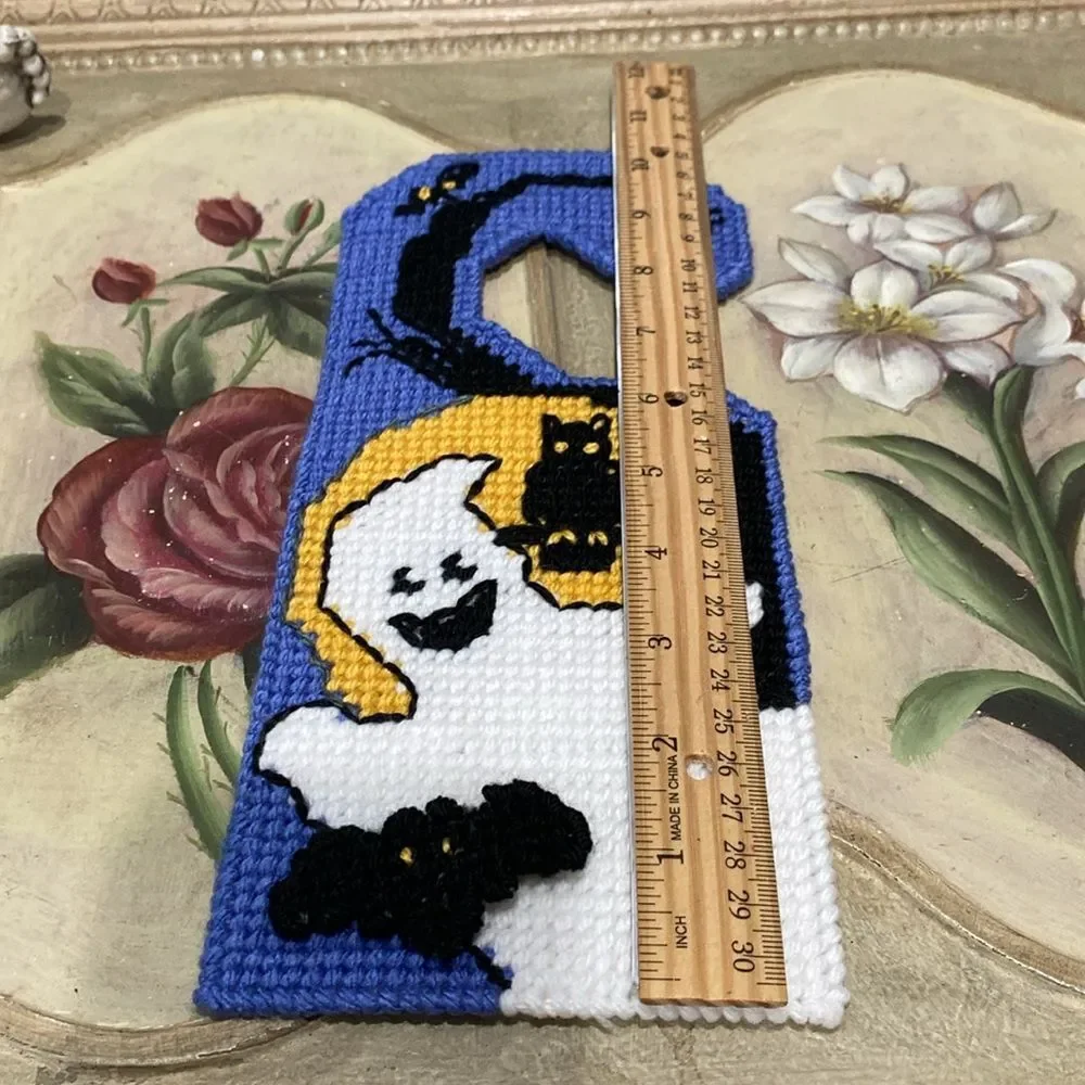 Hand Crafted Cross Stitch Halloween Door Hanger Ghost Owl 3D Bat